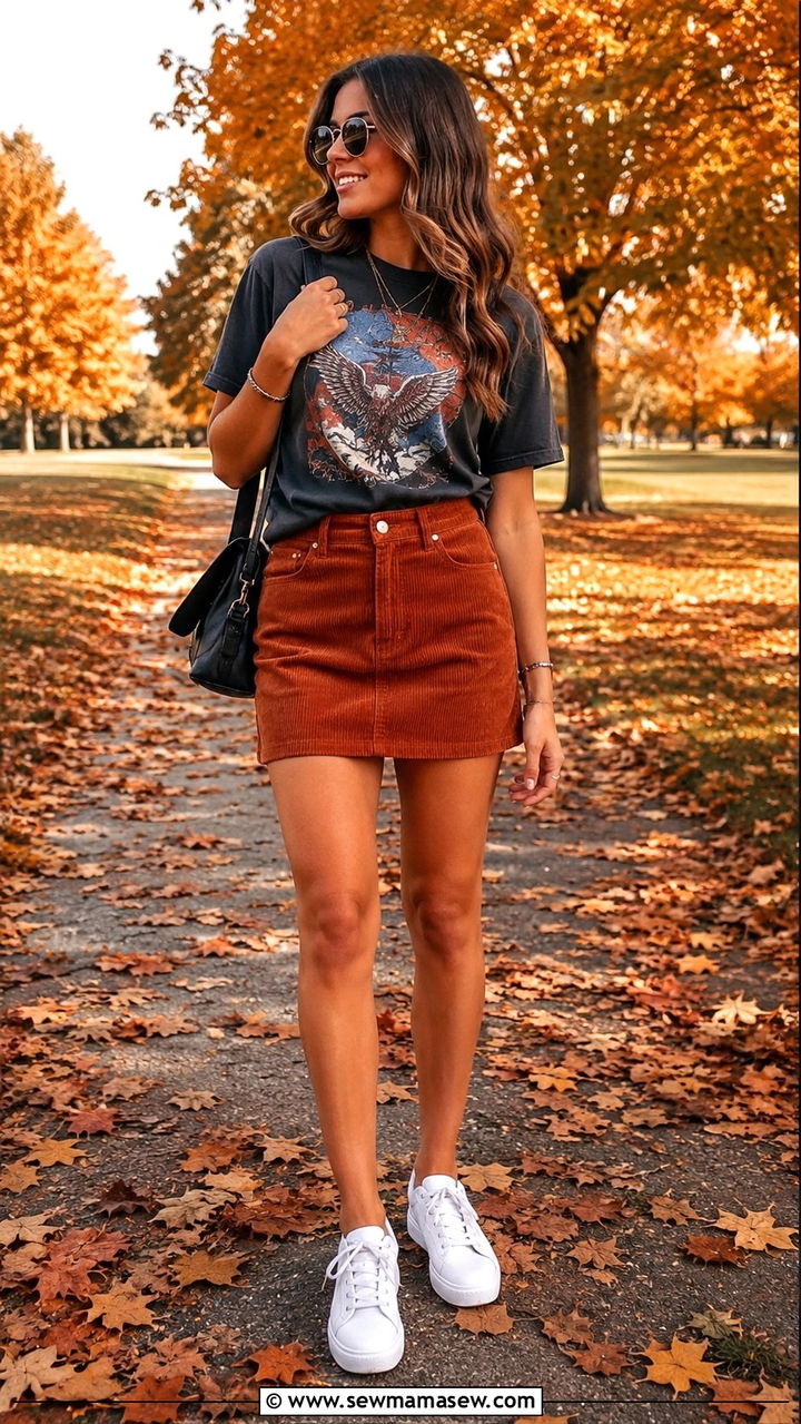 Corduroy Mini Skirt With Graphic Tee And White Sneakers - 25 White sneakers outfit ideas with a skirt