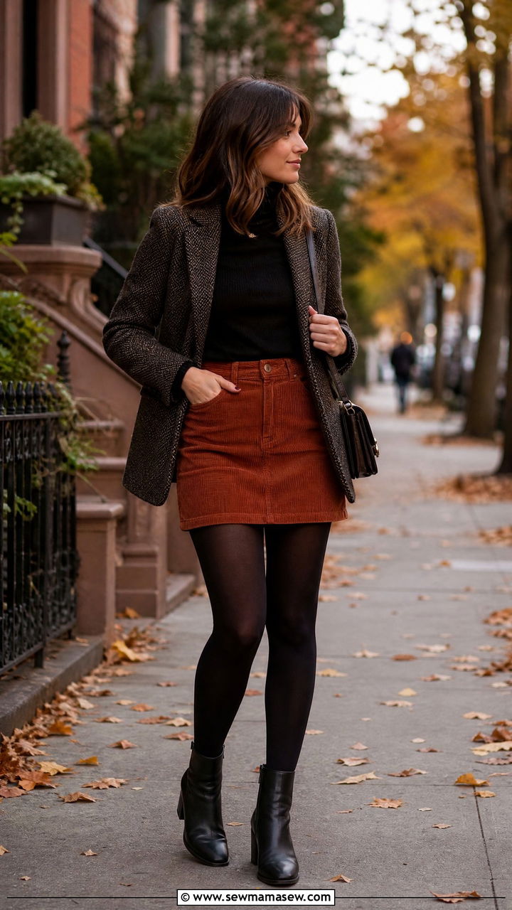 Corduroy Mini Skirt With Tights And Ankle Boots - 35 mini skirt outfit ideas for women