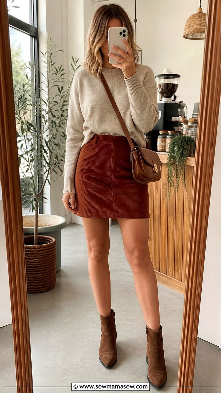 Corduroy Mini Skirt with Crewneck Sweater and Ankle Boots - 40 mini skirt outfit ideas