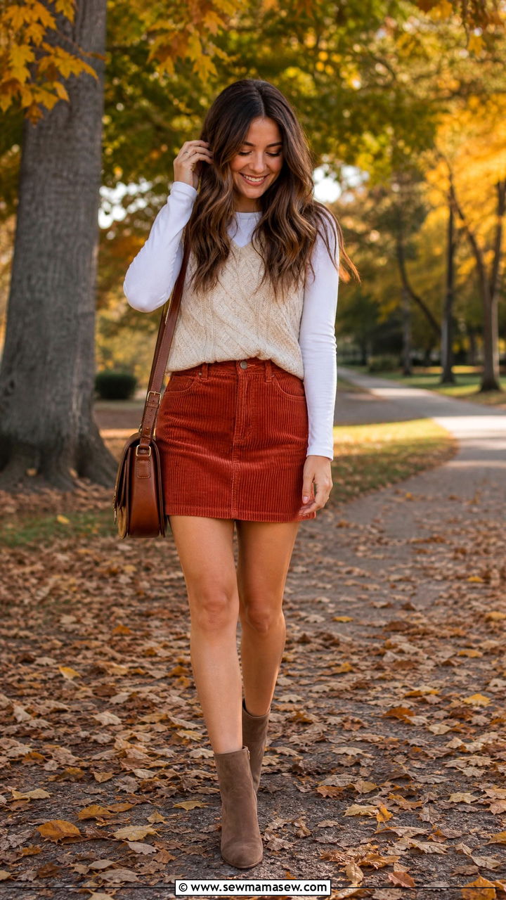 Corduroy Mini Skirt with Sweater Vest and Ankle Boots - 25 chic mini skirt outfit ideas