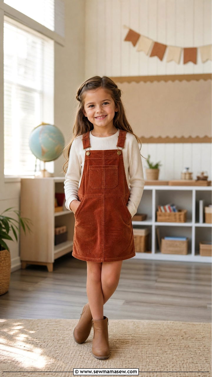 Corduroy Overall Dress With Striped Tee - 30 Elementary school picture day outfit ideas