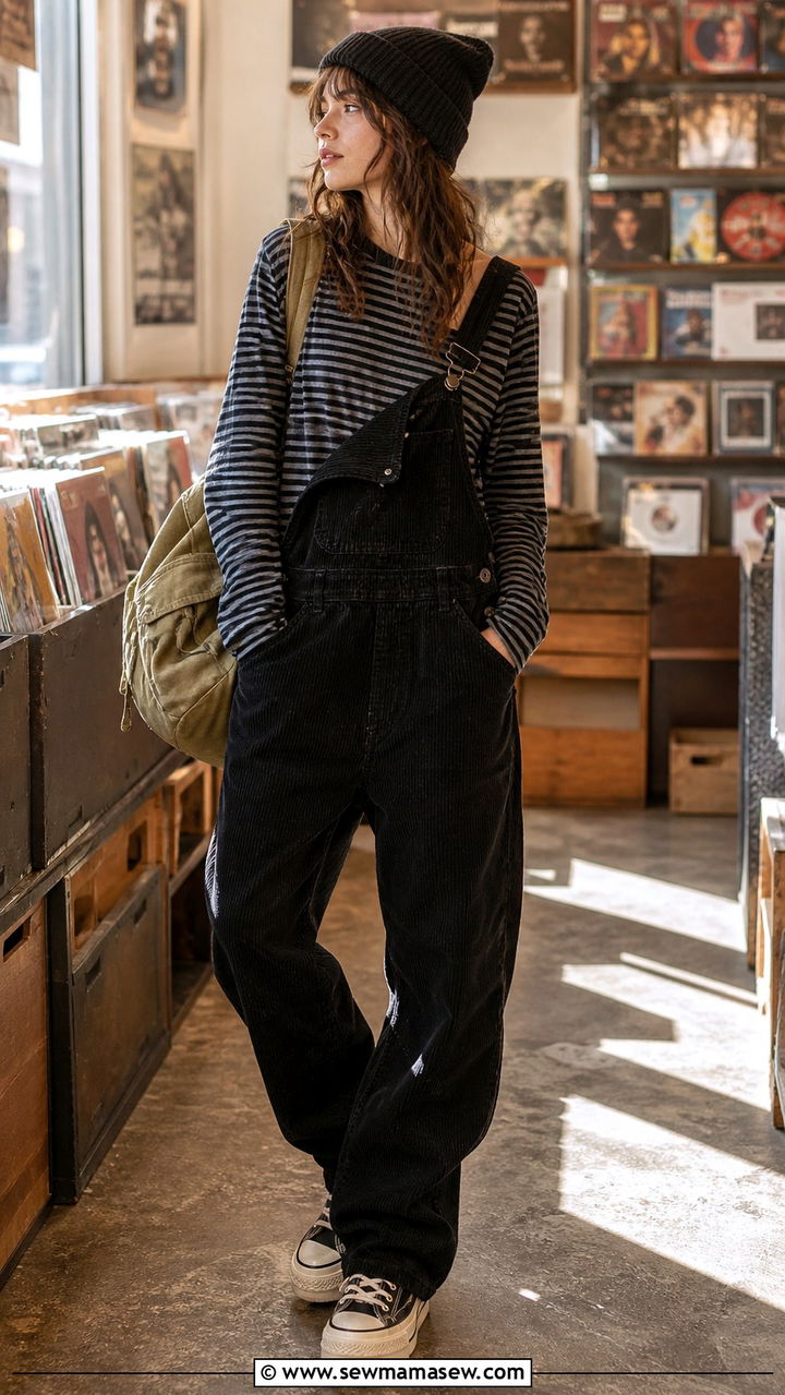 Corduroy Overalls Layered Over Long Sleeve Stripe Top - 40 grunge outfits