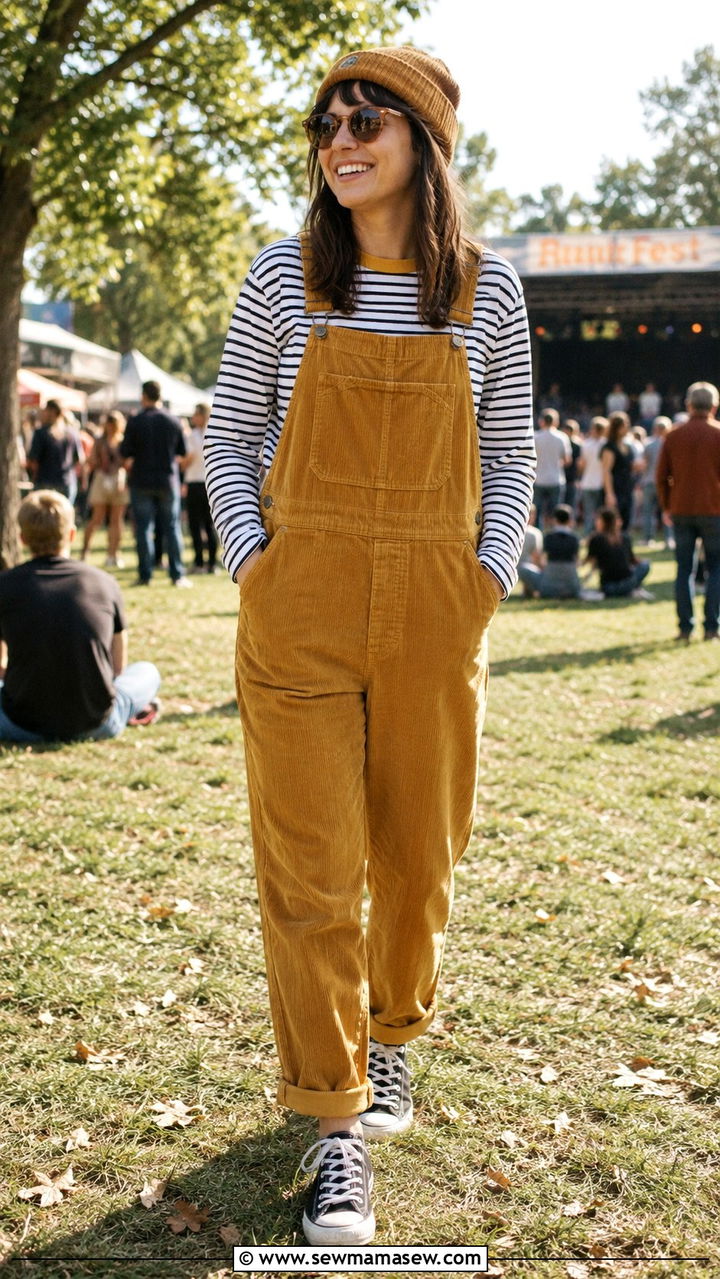 Corduroy Overalls Striped Long Sleeve Tee And Canvas Sneakers - 25 seasonal music festival outfit ideas