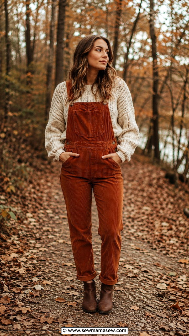 Corduroy Overalls With Knit Sweater and Boots - 30 How to style overalls