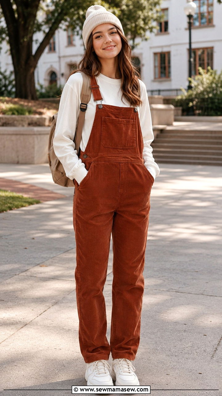 Corduroy Overalls With Long Sleeve Tee Outfit - 30 Modest outfit ideas for teens