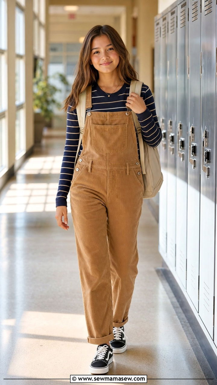 Corduroy Overalls With Striped Long Sleeve Tee and Vans - 35 Back to school outfit ideas 8th grade