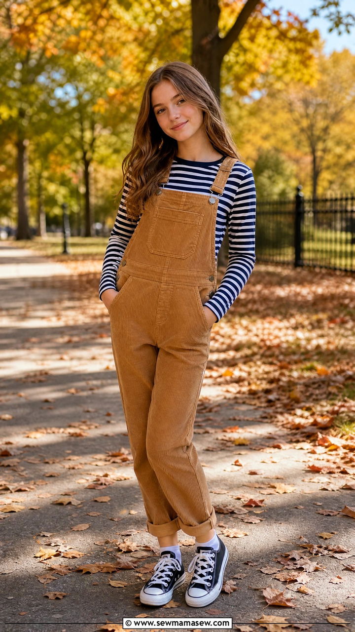 Corduroy Overalls With Striped Long Sleeve Tee - 30 Cute outfits for 13 year olds