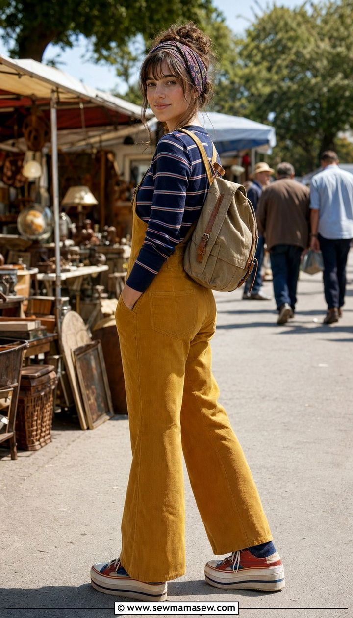 Corduroy Overalls With Striped Top - 35 70s outfit ideas