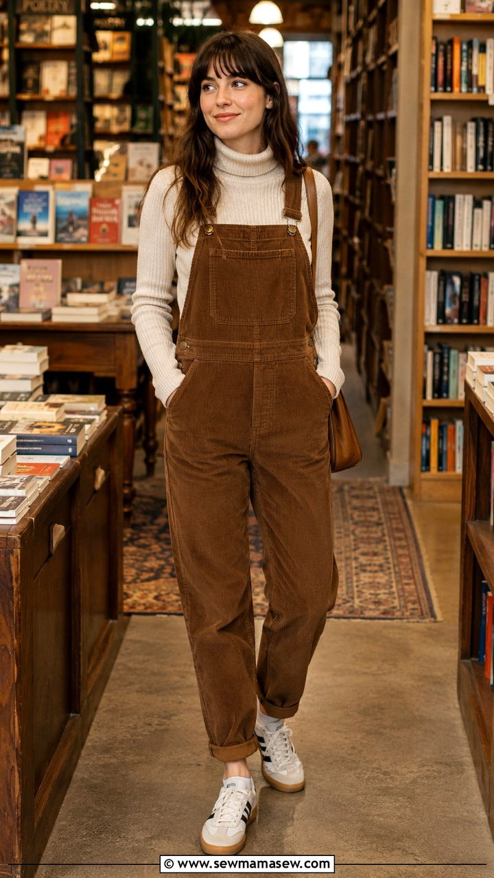 Corduroy Overalls With Turtleneck And Retro Sneakers Outfit - 30 Indie outfit ideas