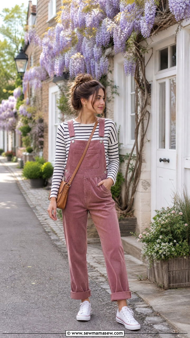 Corduroy Overalls with Striped Top and Sneakers - 30 Cottagecore spring outfits