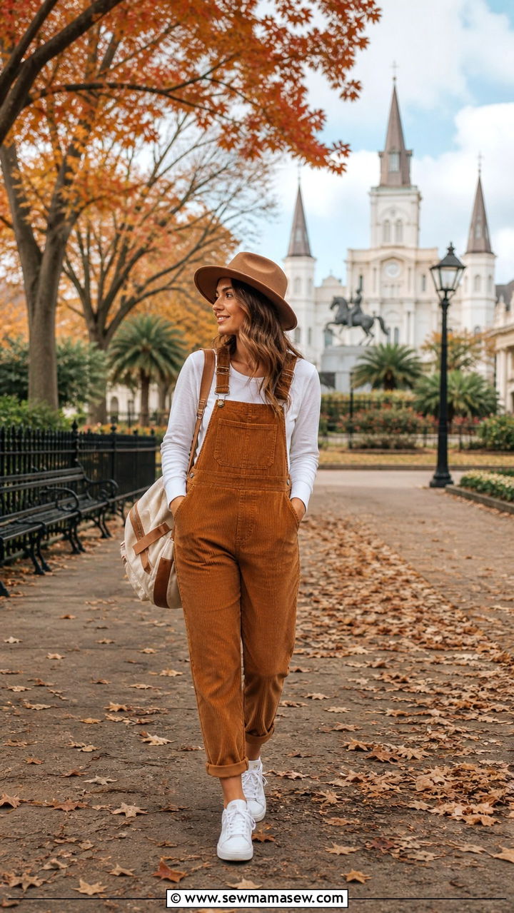 Corduroy Overalls with a Long Sleeve Tee for a Casual Fall Day - 40 What to wear in New Orleans