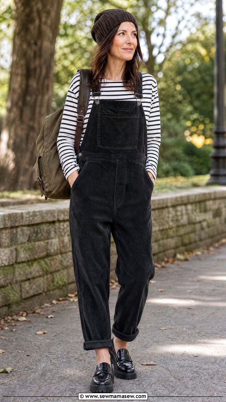 Corduroy Overalls with a Striped Long Sleeve Tee and Beanie - 25 grunge outfit ideas for women over 40