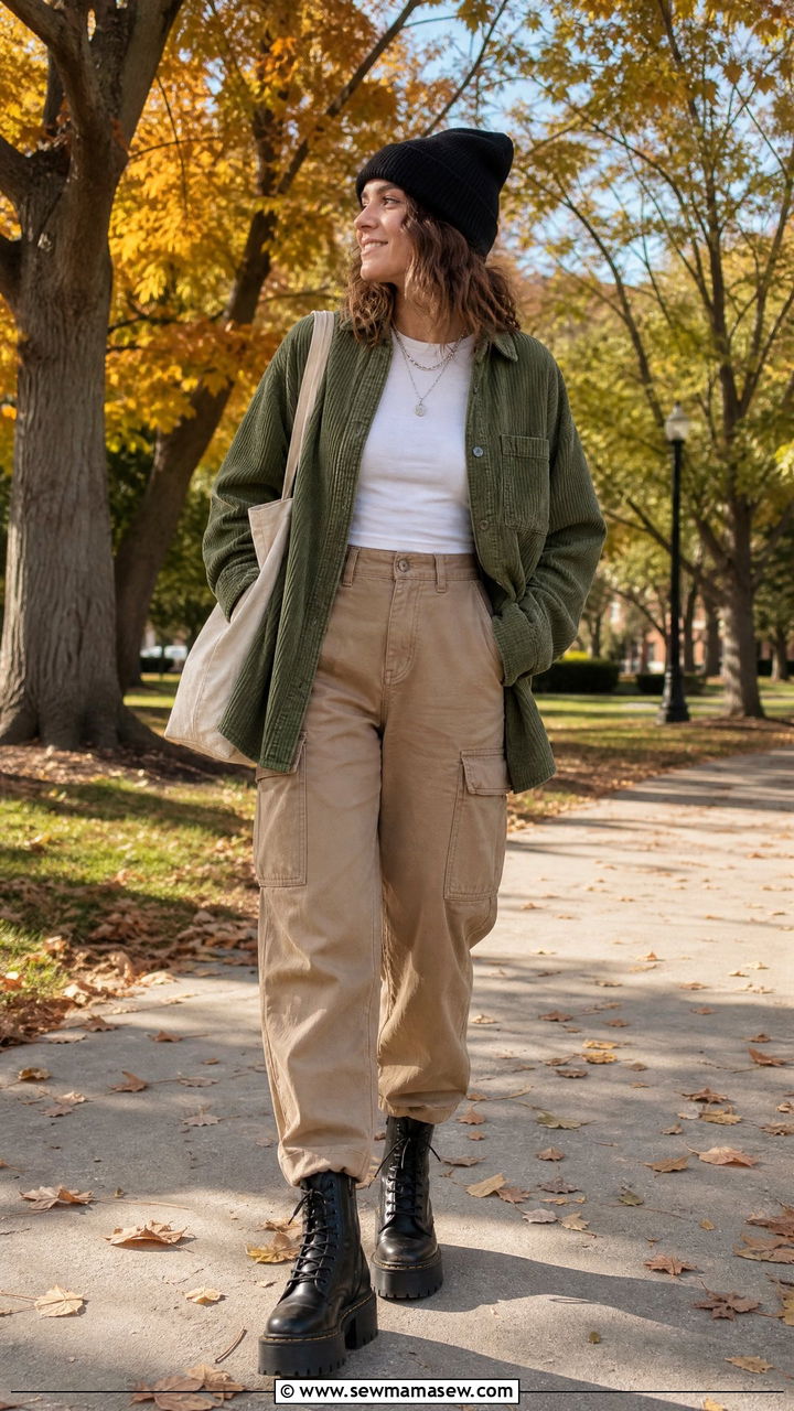 Corduroy Overshirt With Cargo Pants - 30 College senior outfit ideas