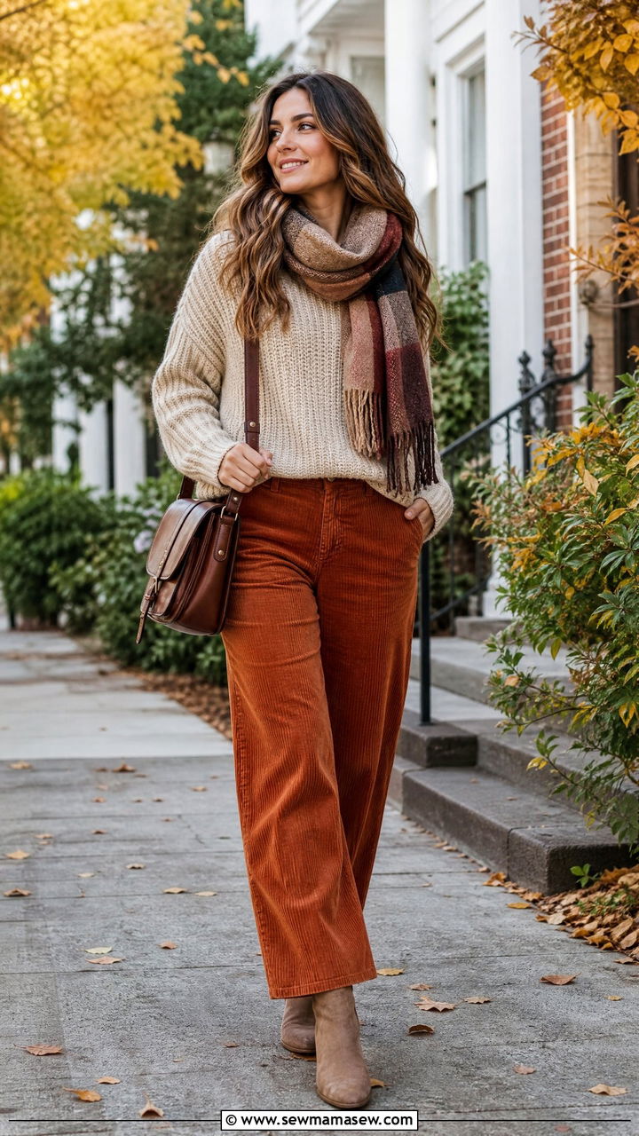 Corduroy Pants And Cozy Sweater Outfit For Housewarming Party - 35 Housewarming party outfit ideas