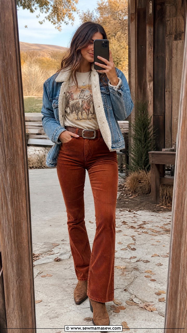 Corduroy Pants And Tucked Graphic Tee With Suede Cowboy Boots - 30 Country concert outfit ideas with cowboy boots