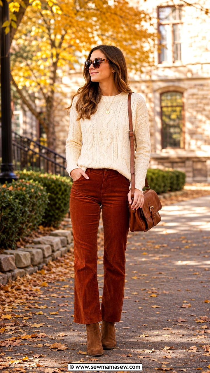 Corduroy Pants With Cable Knit Sweater And Ankle Boots - 25 Preppy outfit ideas for college