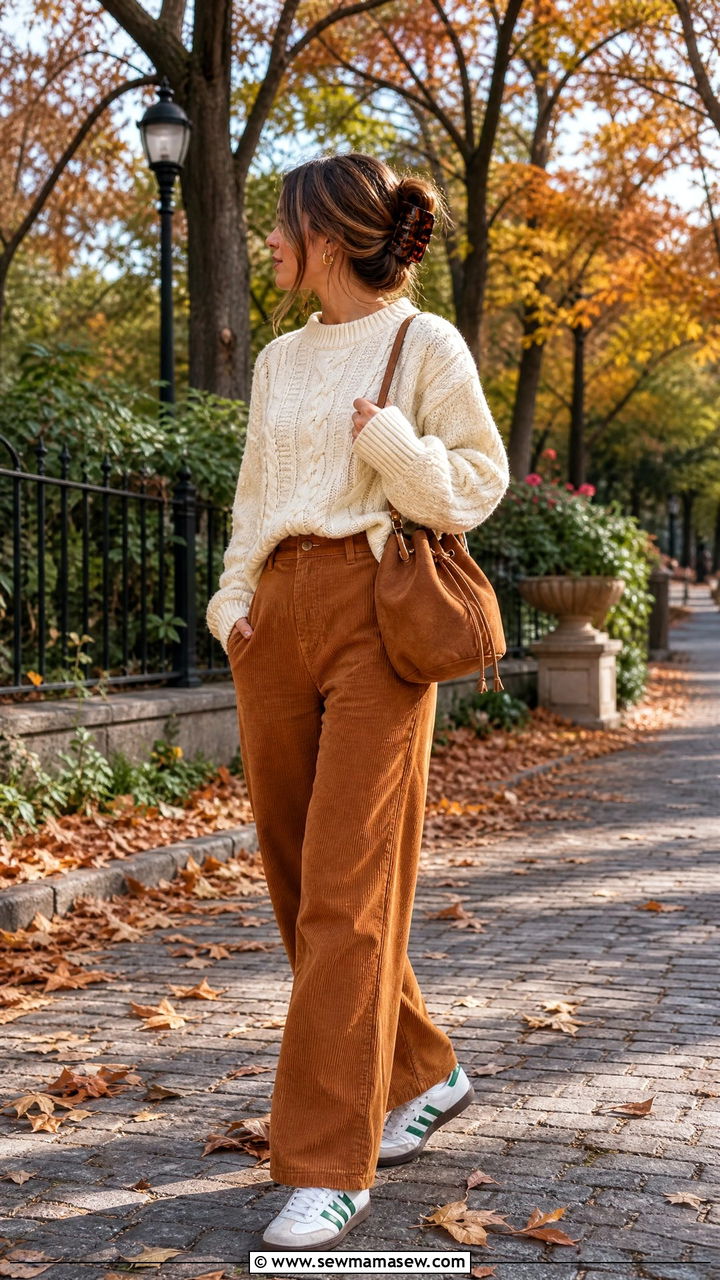 Corduroy Pants With Cable Knit Sweater And Retro Sneakers Brunch Style - 25 Brunch outfit ideas with sneakers