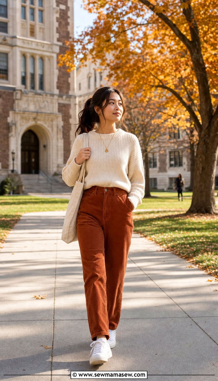 Corduroy Pants With Chunky Knit Sweater and Sneakers - 25 College outfit ideas petite