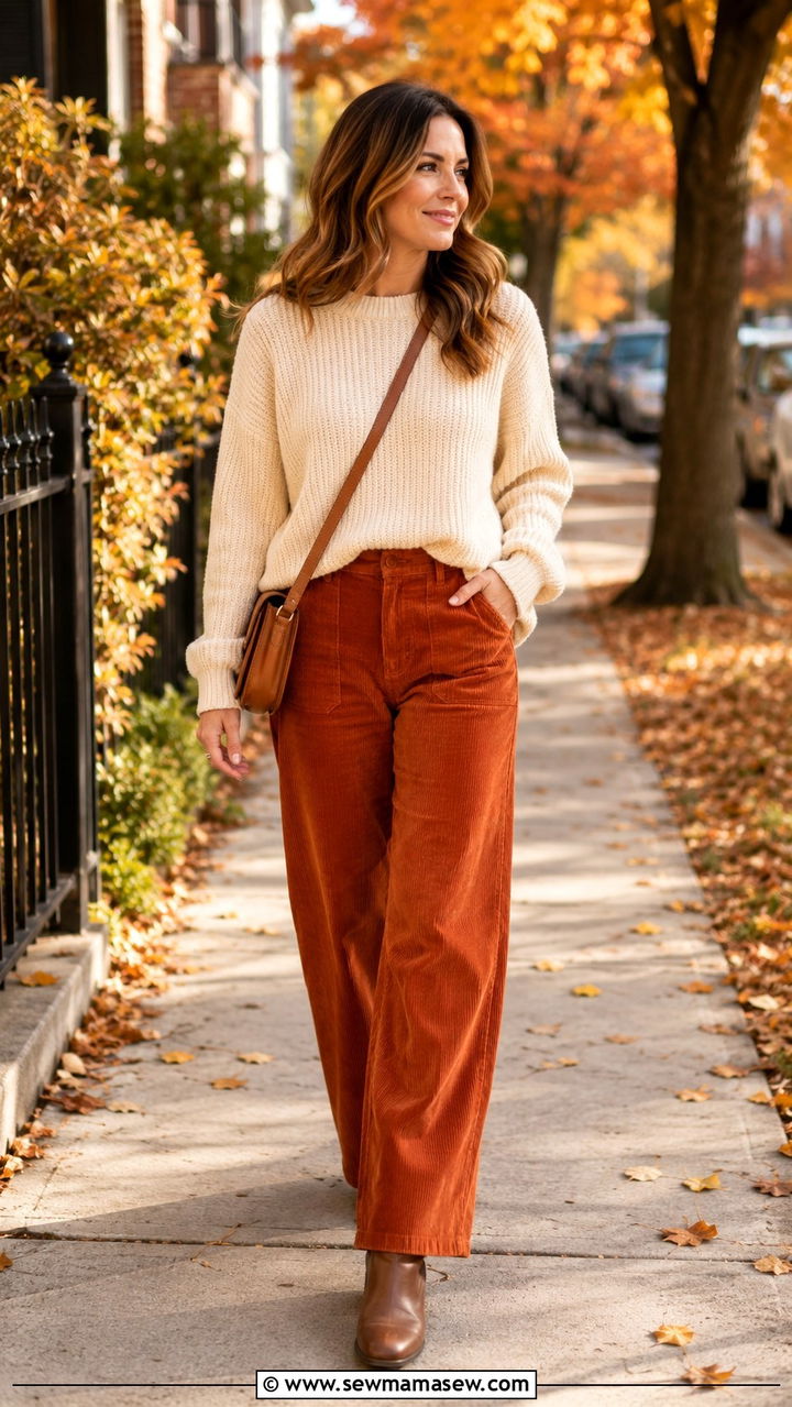 Corduroy Pants With Chunky Knit Sweater - 30 stay at home mom outfit ideas