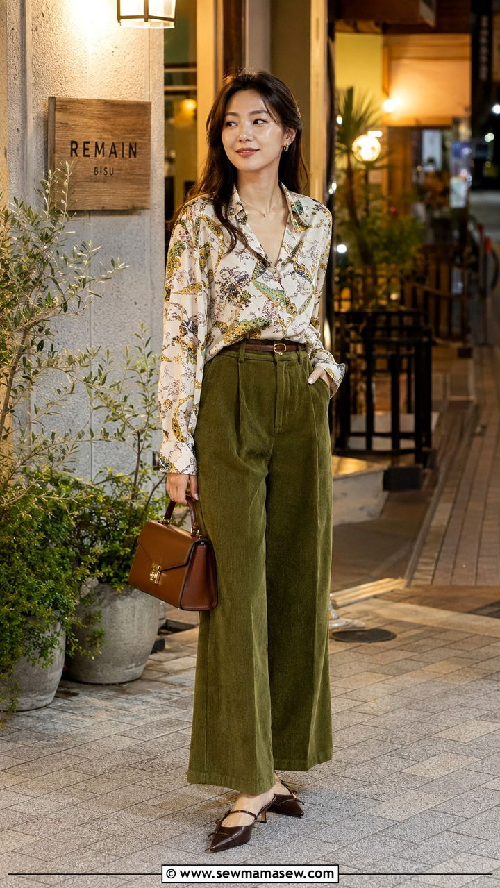 Corduroy Pants With Silk Blouse and Kitten Heels - 30 Tokyo outfit ideas
