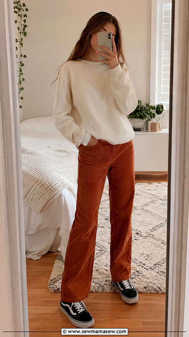 Corduroy Pants With a Crewneck Sweatshirt and Vans - 30 Trendy outfits for 15 year olds