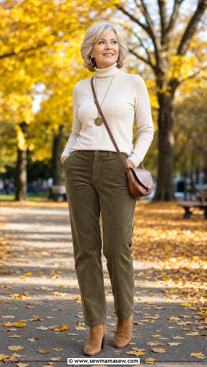Corduroy Pants With a Fine Gauge Turtleneck - 25 Elevated casual outfit ideas for women over 60