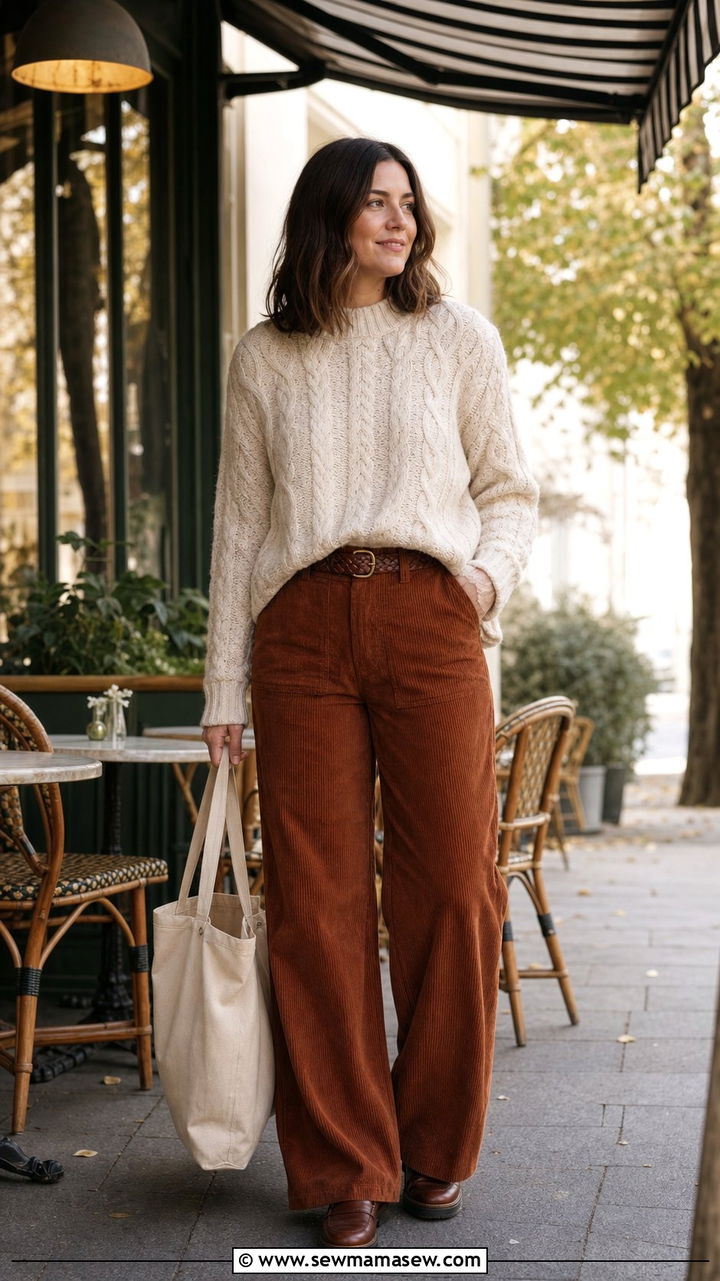 Corduroy Pants and Chunky Knit Outfit - 25 Cute outfits for midsize women