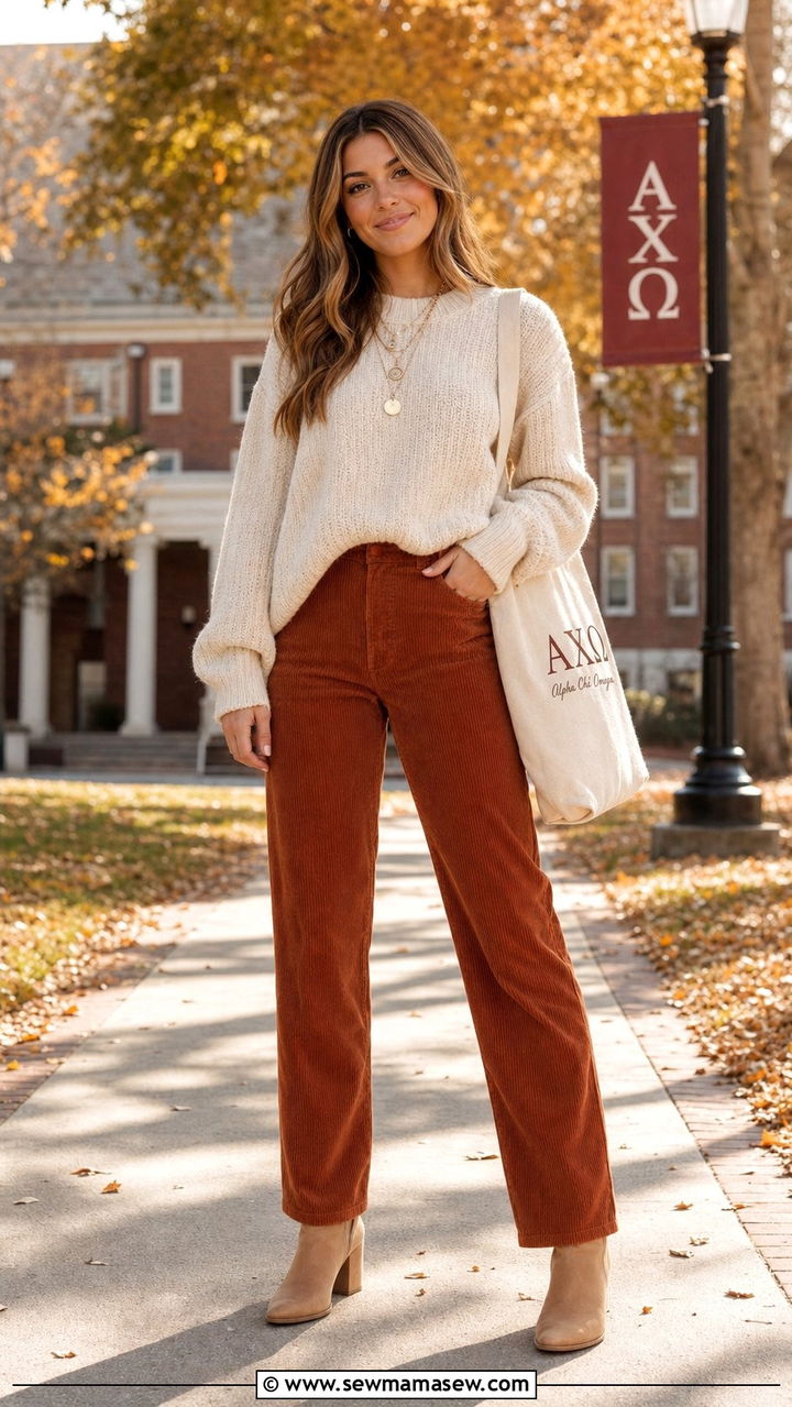 Corduroy Pants and Chunky Sweater - 25 Sorority mixer outfit ideas casual