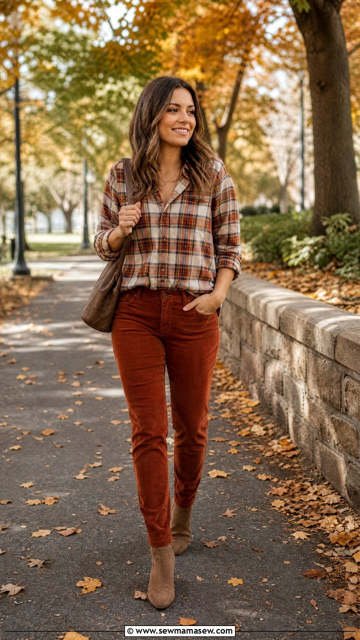 Corduroy Pants and Flannel Shirt - 30 Cute outfits for moms