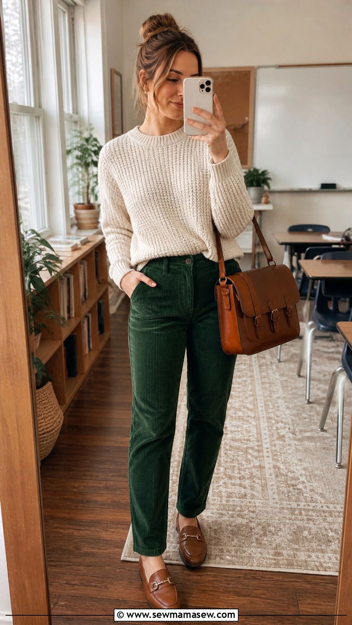 Corduroy Pants and Knit Sweater Teacher Outfit - 40 Teacher outfit ideas