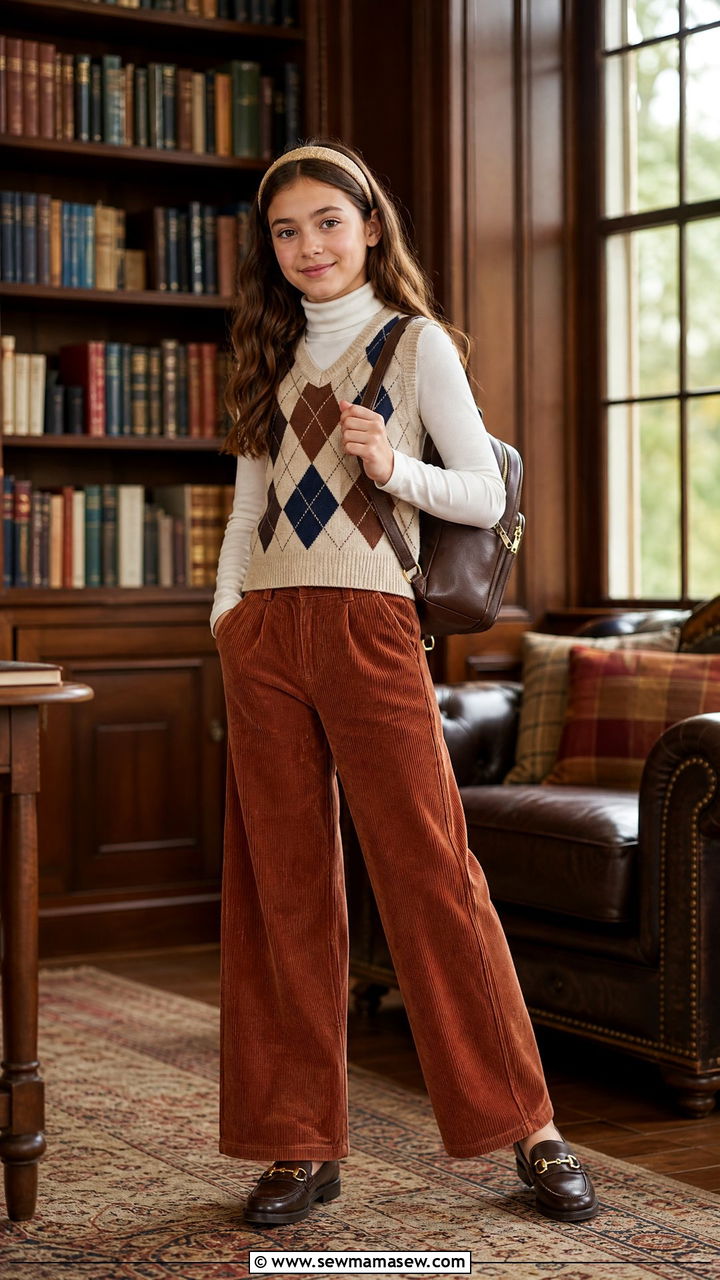 Corduroy Pants and Sweater Vest Outfit - 30 Outfit ideas for tweens