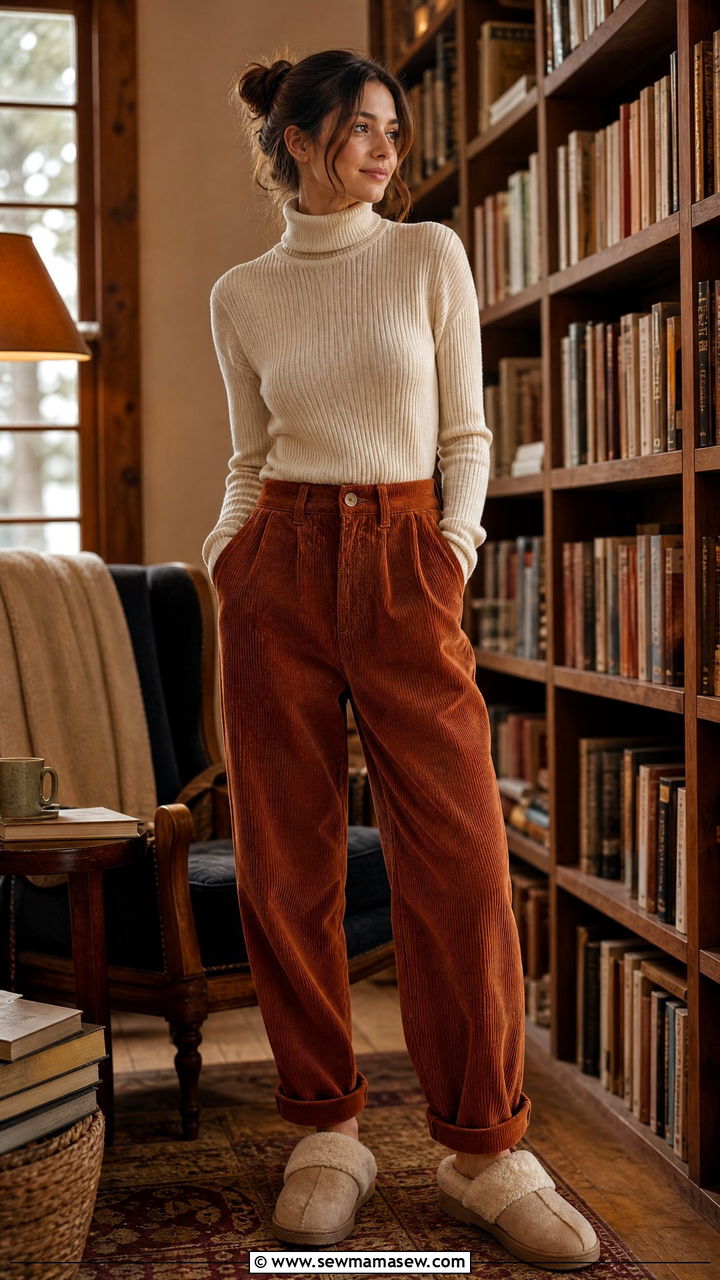 Corduroy Pants and Turtleneck with Fuzzy Slippers - 30 Fuzzy slippers outfit ideas