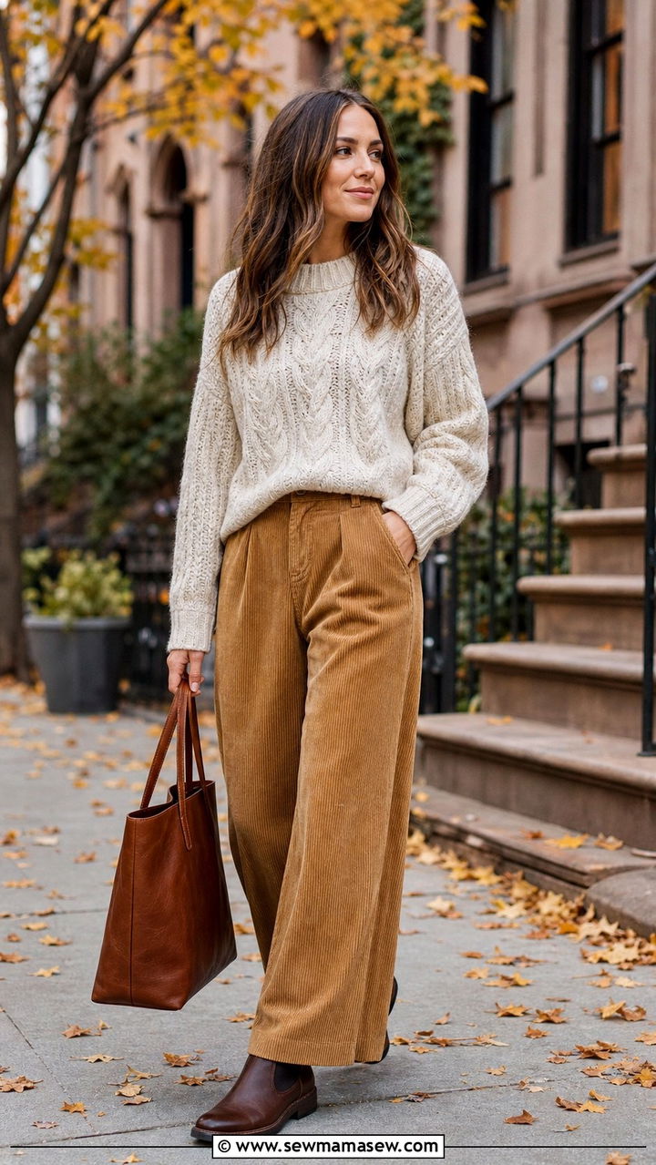 Corduroy Pants with Cable Knit Sweater and Chelsea Boots Outfit - 25 Cross season outfit ideas