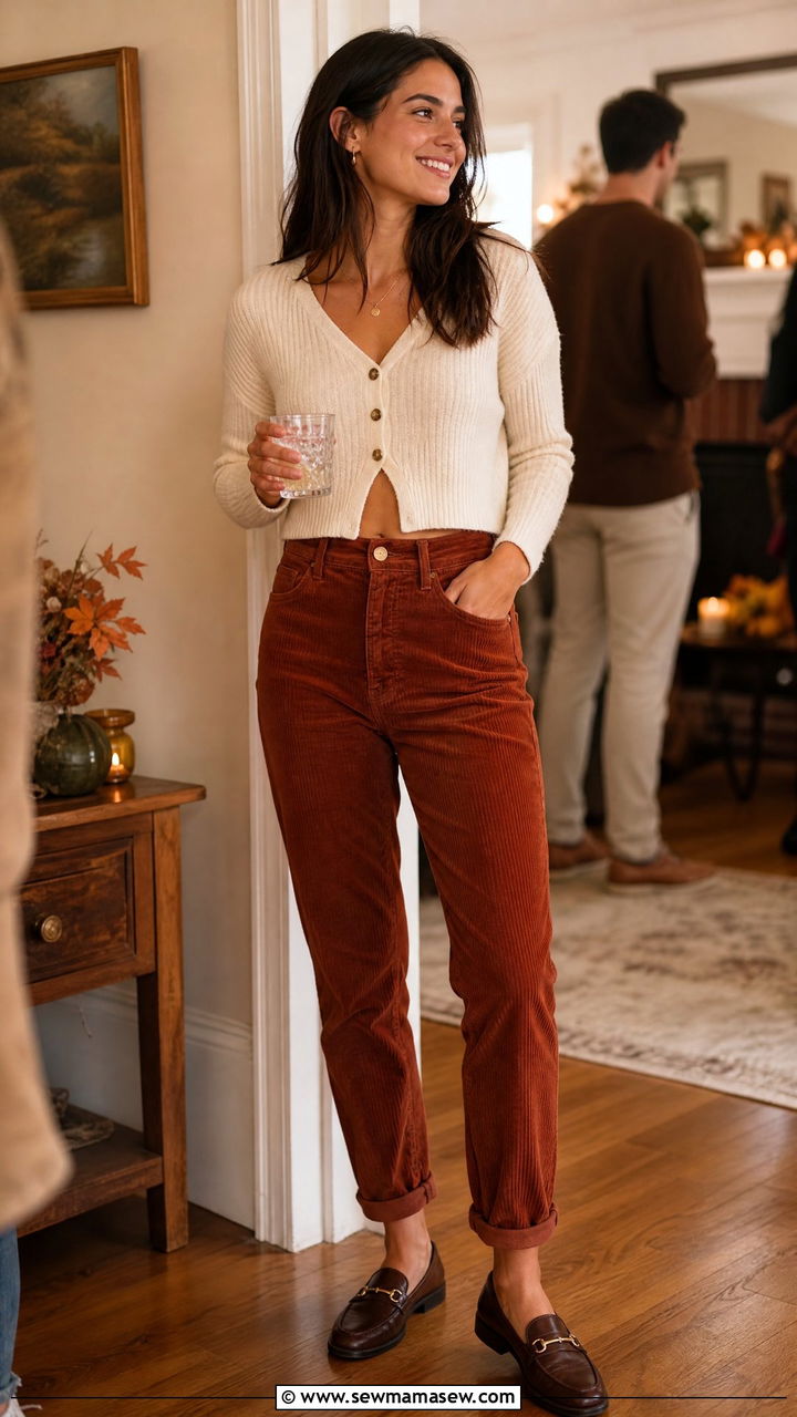 Corduroy Pants with Cropped Cardigan House Party - 35 House party outfit ideas