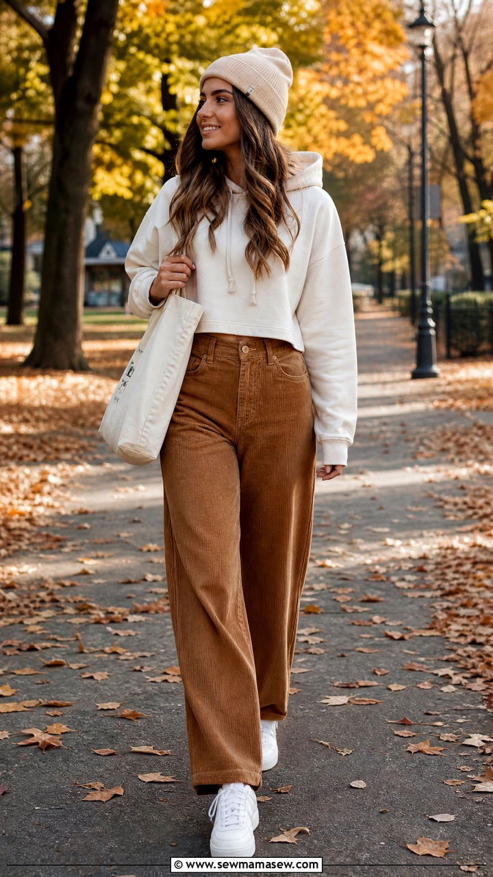 Corduroy Pants with Cropped Hoodie - 30 streetwear outfit ideas for women