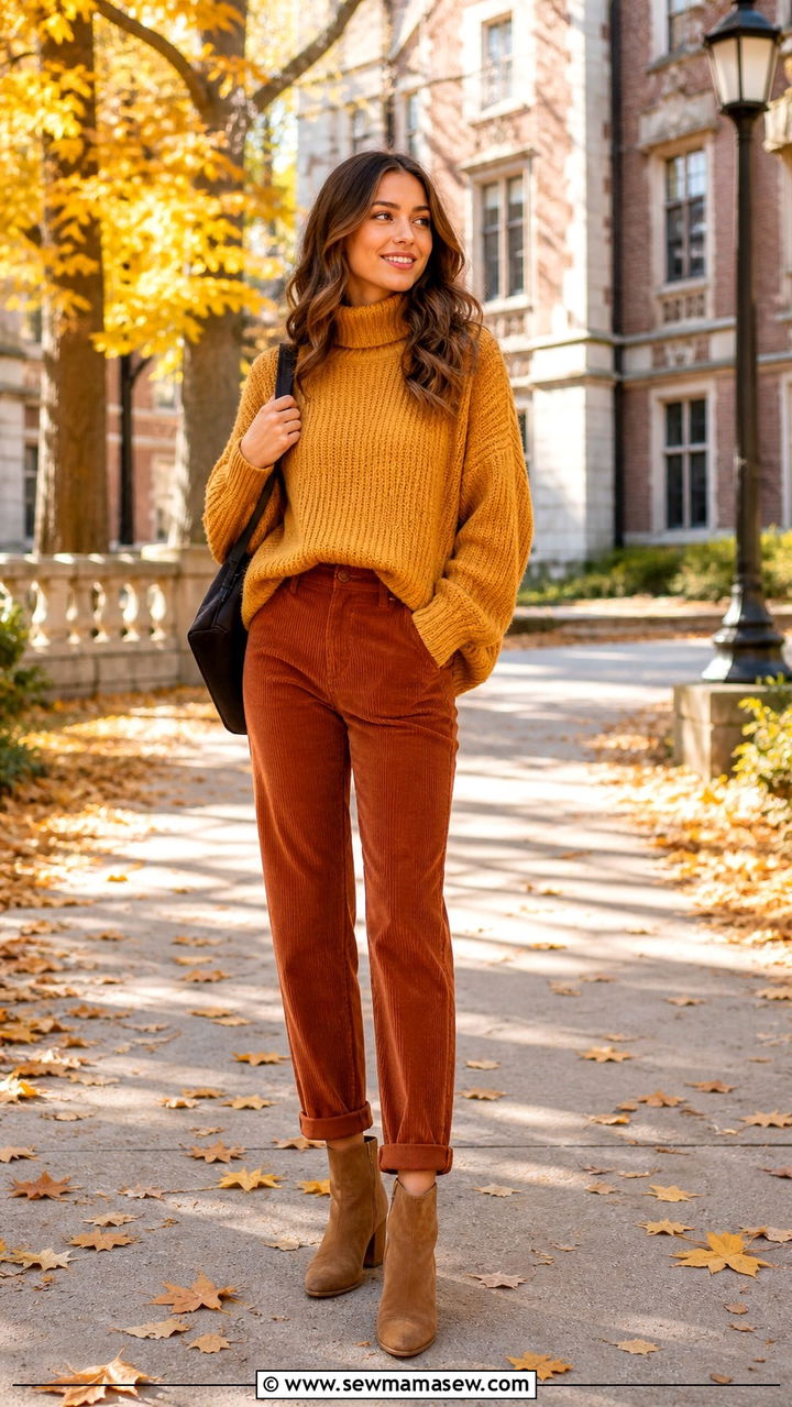 Corduroy Pants with Oversized Knit Sweater - 40 back to school outfits ideas