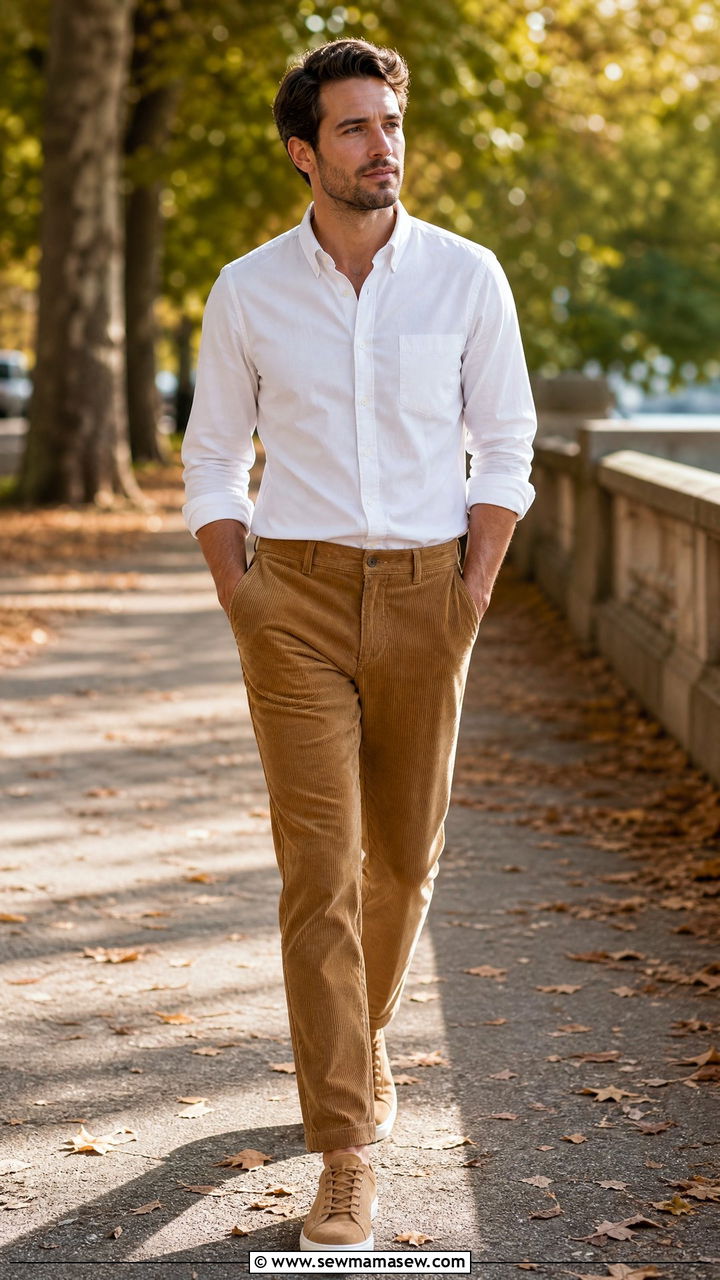 Corduroy Pants with Oxford Shirt and Sneakers - 25 Business casual outfits with sneakers