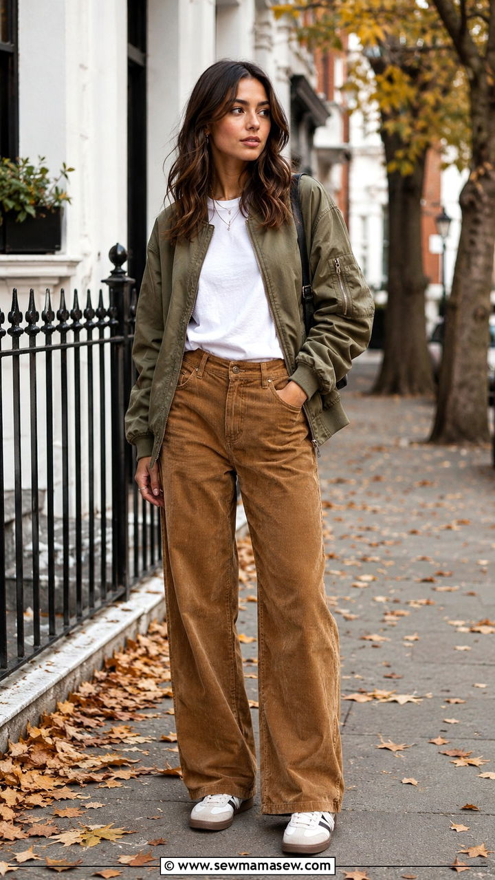 Corduroy Pants with Slouchy Bomber and Retro Sneakers - 30 transitional street style outfits