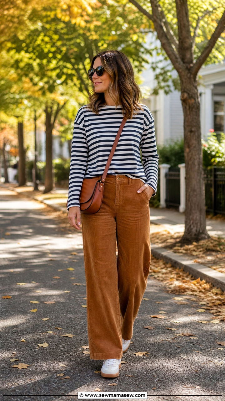 Corduroy Pants with Striped Long Sleeve Tee - 25 Late summer early fall outfits