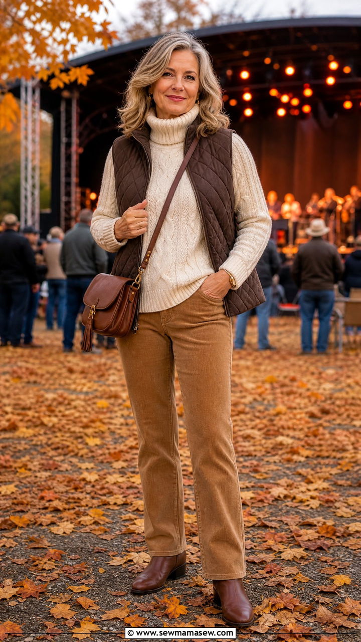 Corduroy Pants with a Cable Knit Turtleneck - 30 Concert outfits for women over 50