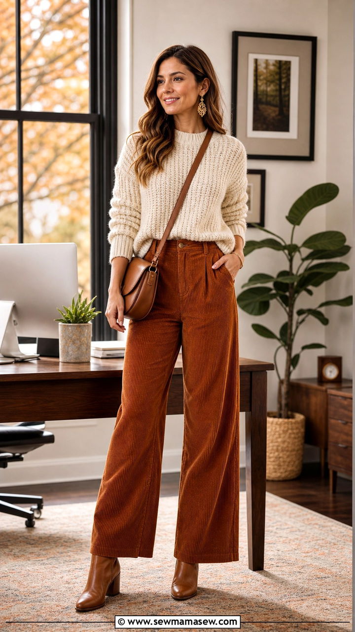 Corduroy Pants with a Chunky Knit Sweater and Leather Boots - 40 classy business casual outfits