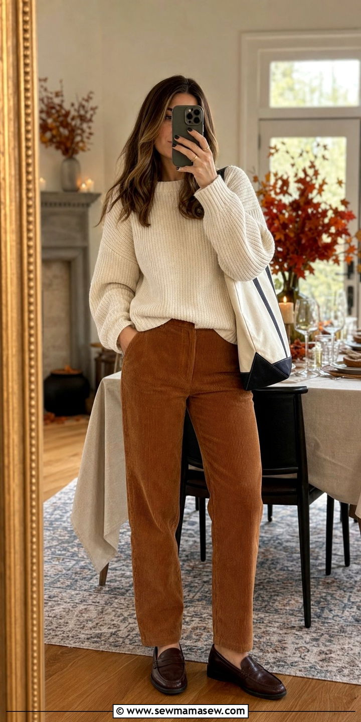 Corduroy Pants with a Chunky Knit Sweater - 35 casual dinner outfits