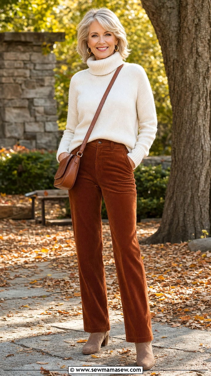 Corduroy Pants with a Chunky Turtleneck and Ankle Boots - 25 Family reunion outfit ideas for women over 50