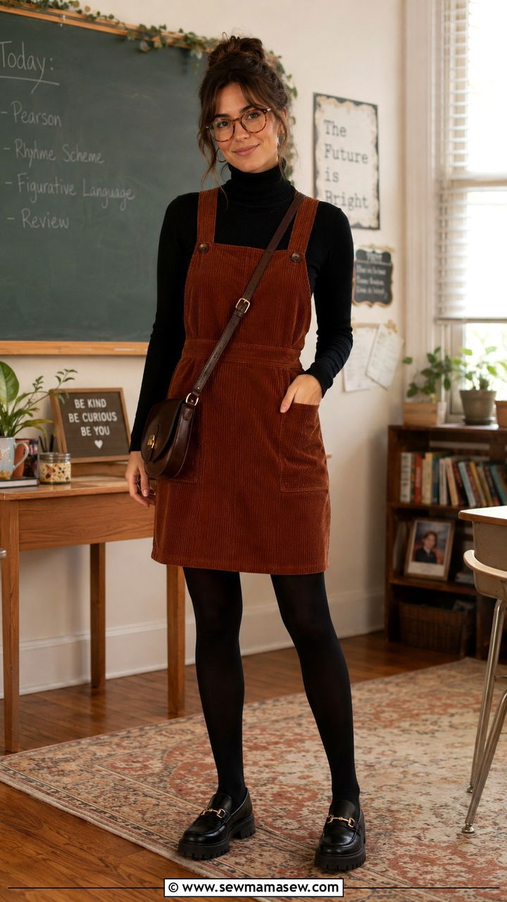 Corduroy Pinafore Dress Over Turtleneck Outfit - 30 teacher outfits 2026