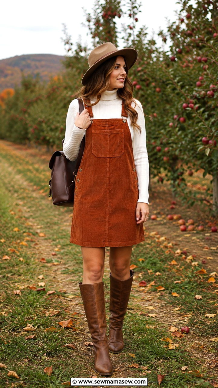 Corduroy Pinafore Dress With Turtleneck - 30 Modest outfit ideas boho