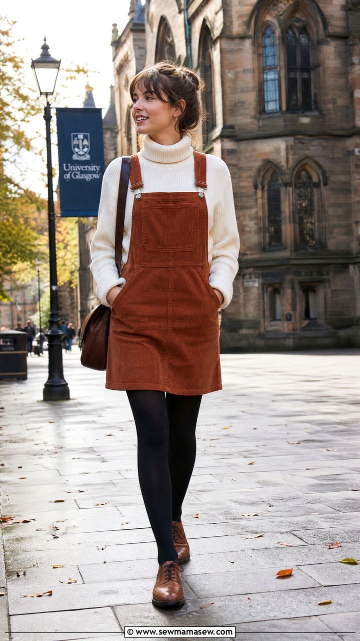 Corduroy Pinafore Dress and Roll Neck Jumper With Brogues - 25 Glasgow outfit ideas