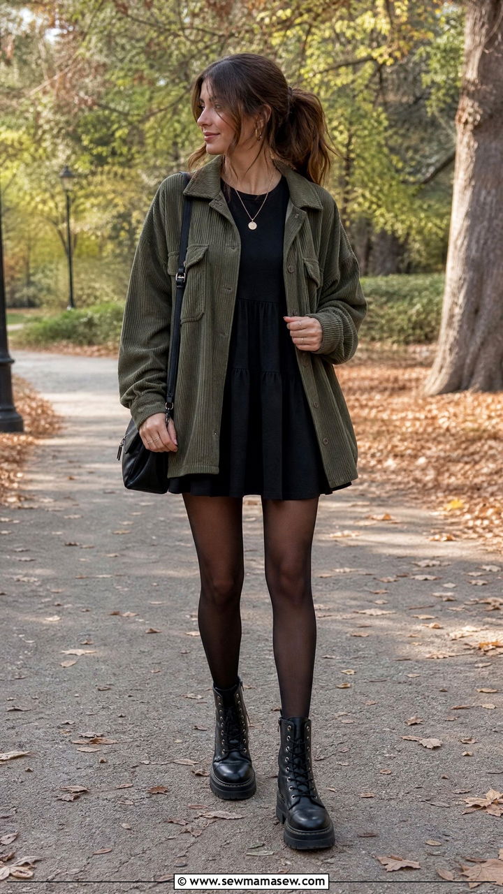 Corduroy Shacket Over A Mini Dress - 25 classy grunge outfit ideas