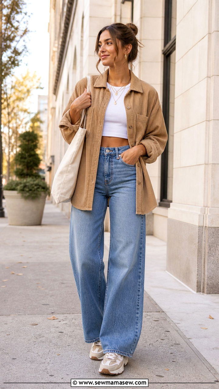 Corduroy Shacket Over Cropped Tank and Wide Leg Jeans With Retro Sneakers - 40 summer to fall outfits