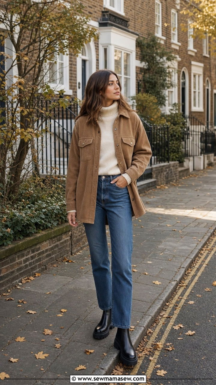 Corduroy Shacket Turtleneck Straight Leg Jeans Outfit - 35 Boston outfit ideas