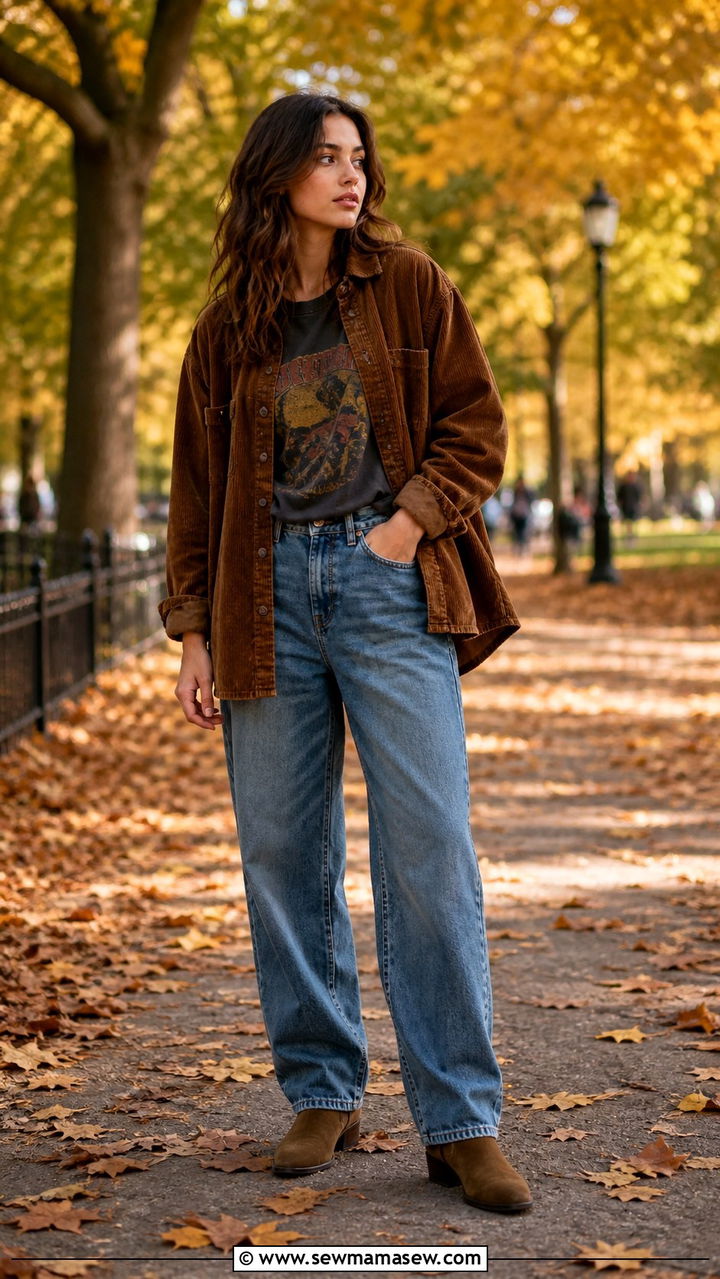 Corduroy Shacket Vintage Tee Baggy Jeans - 40 Grunge outfit ideas